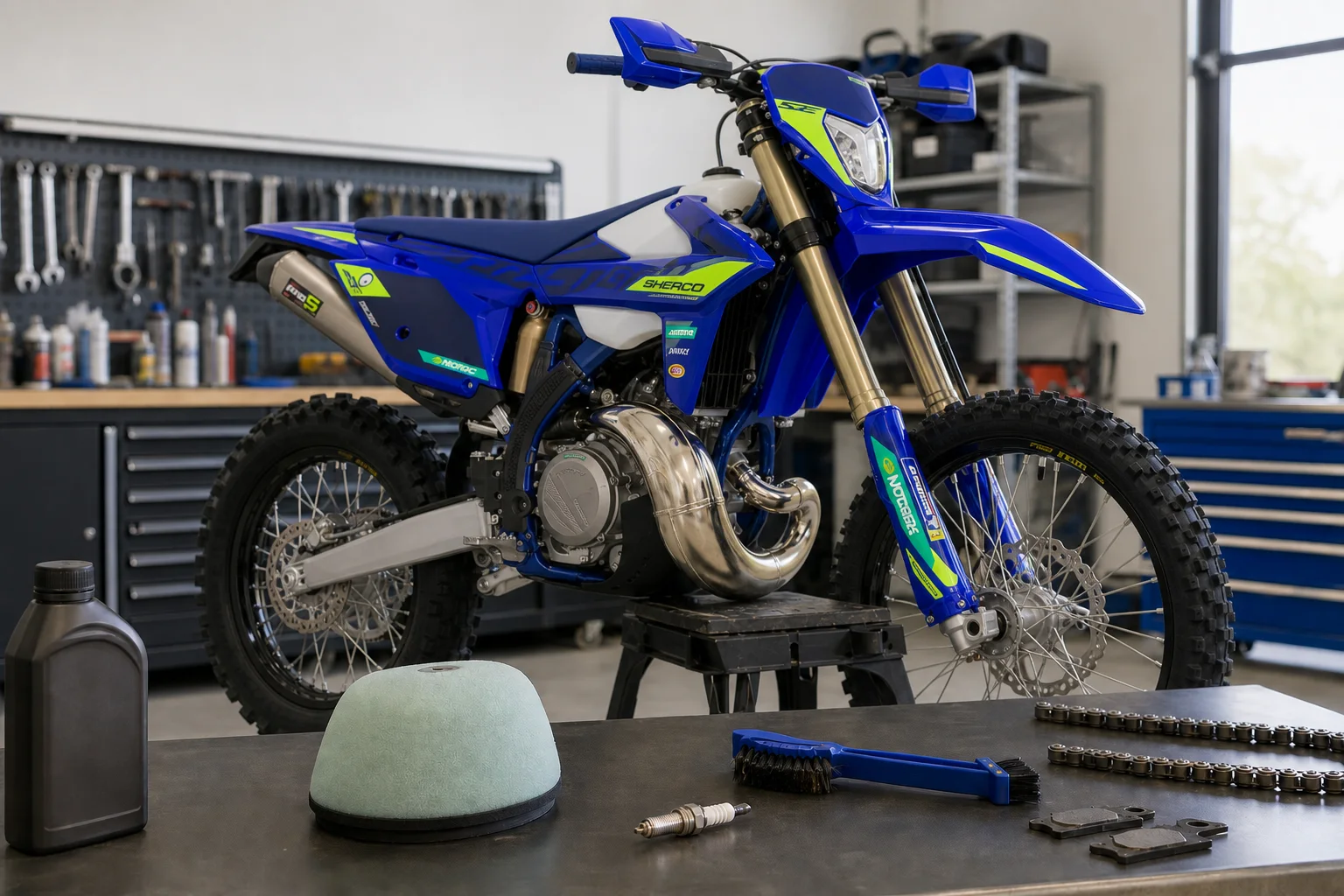 Entretien d’une moto SHERCO enduro avec filtres et consommables