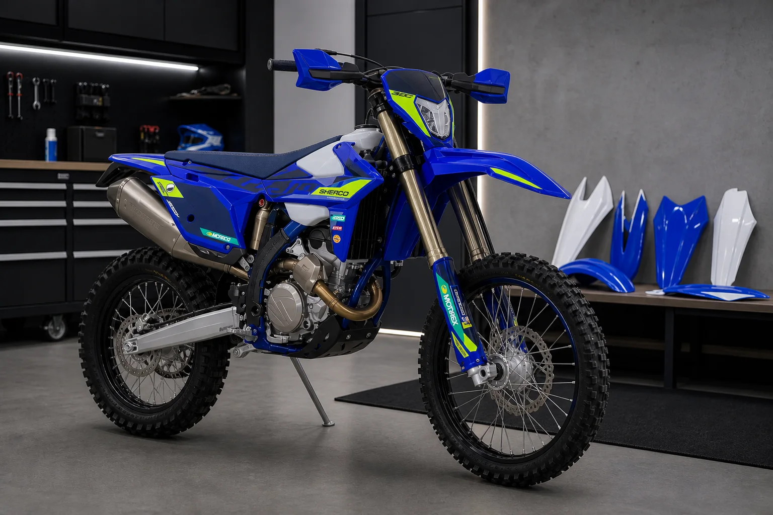 Kit déco, plastiques et protections installés sur une SHERCO enduro